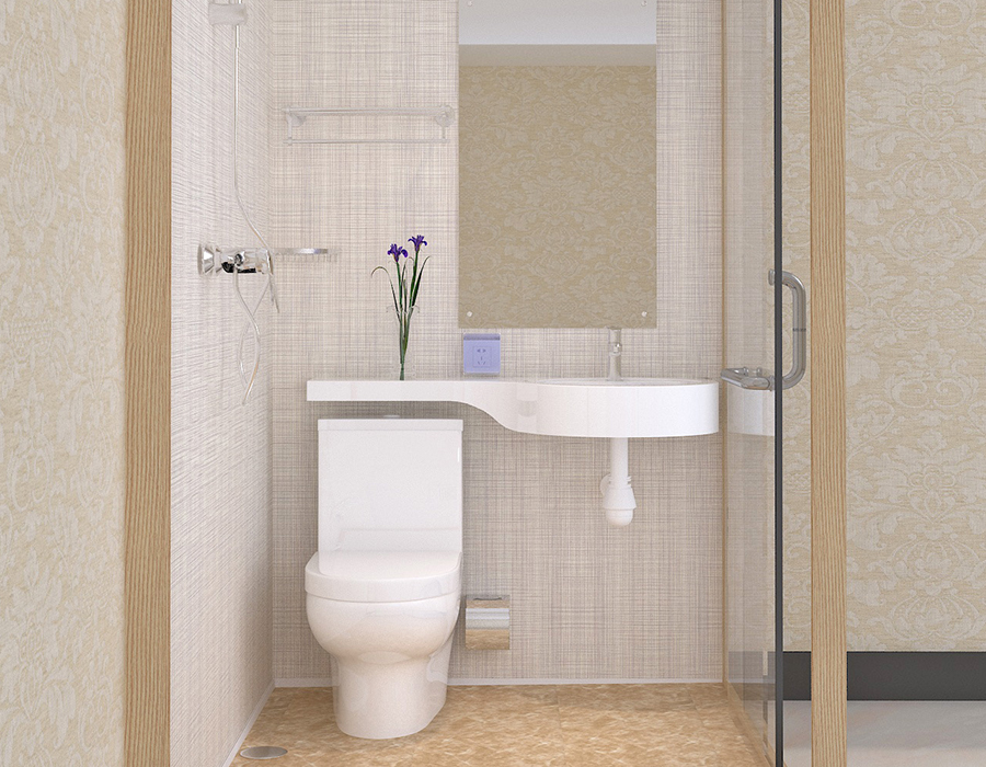 Kamar Mandi Modular Hotel dengan Panel Dinding Interior Serat Resin PEC dan Dinding Eksterior Kaca
