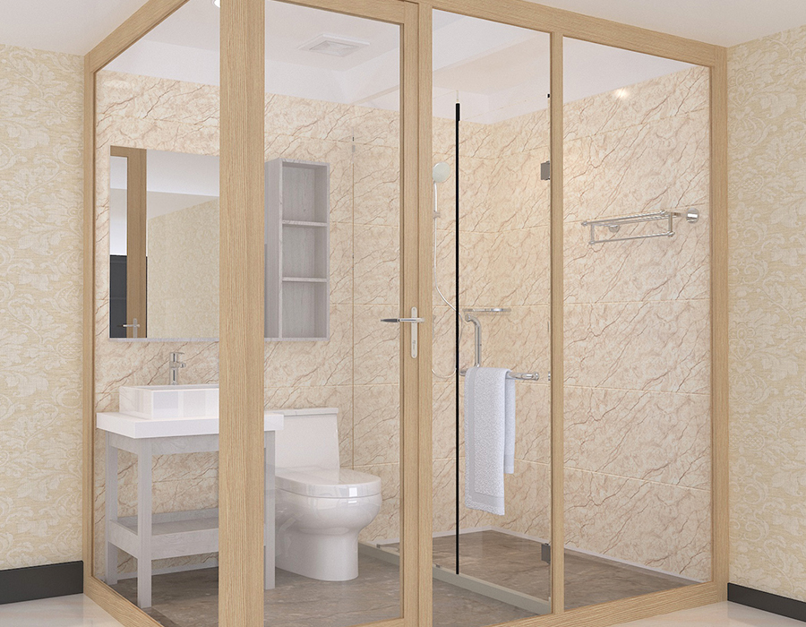 Kamar Mandi Terintegrasi Asrama Menampilkan Panel Interior Serat Resin PEC dan Dinding Eksterior Kaca