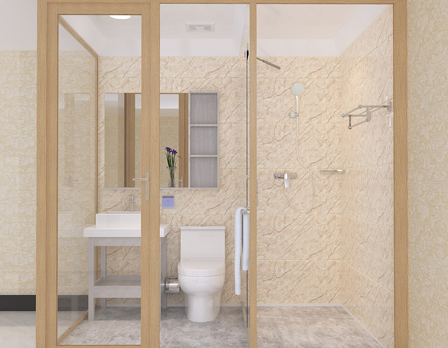 Kamar Mandi Terintegrasi Asrama Menampilkan Panel Interior Serat Resin PEC dan Dinding Eksterior Kaca